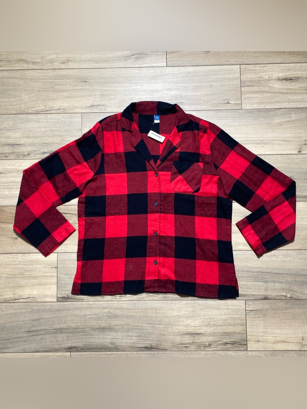 Old Navy Women's Printed Flannel Pajama Top Red Black Buffalo Plaid Size L Tall